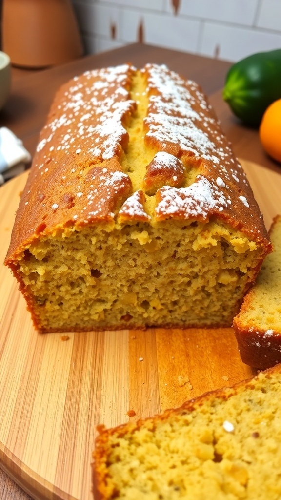 Moist Zucchini Bread Recipe A golden-brown zucchini bread loaf on a wooden cutting board with slices beside it.